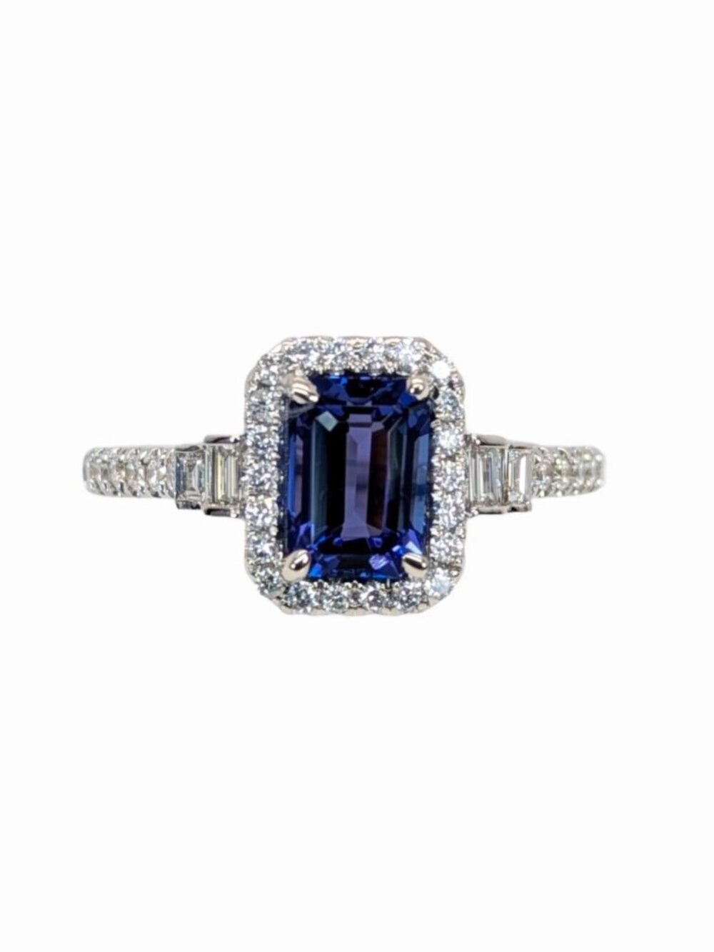 1.21Ct 7x5mm Tanzanite Ring with Natural Diamond Halo in Solid 14K White Gold